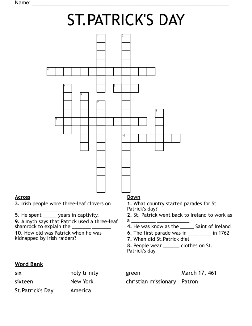 ST PATRICK S DAY Crossword WordMint