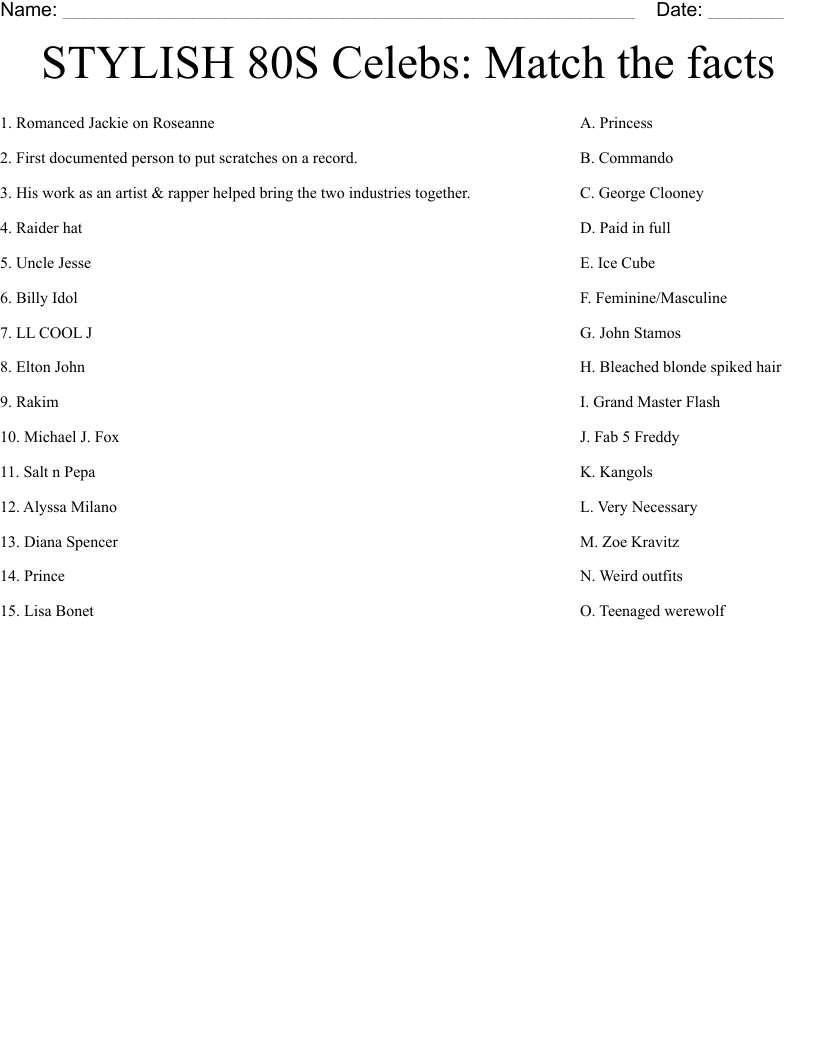 STYLISH 80S Celebs: Match the facts Worksheet