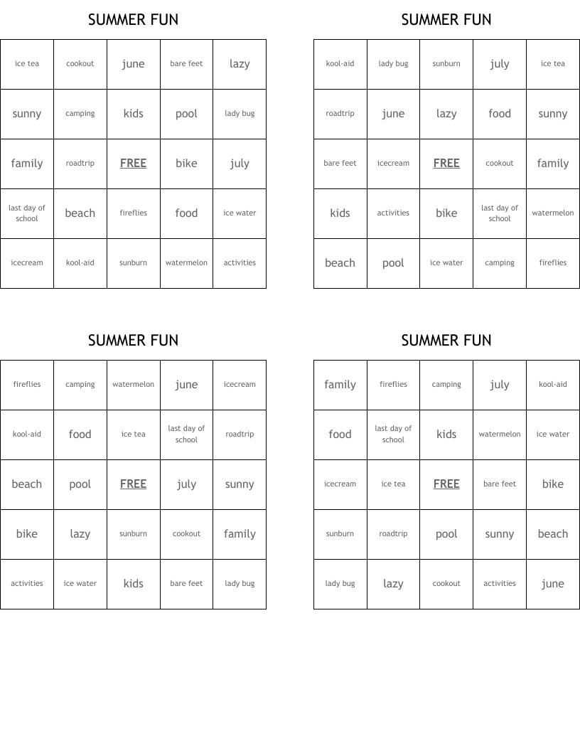 SUMMER  FUN Bingo Cards