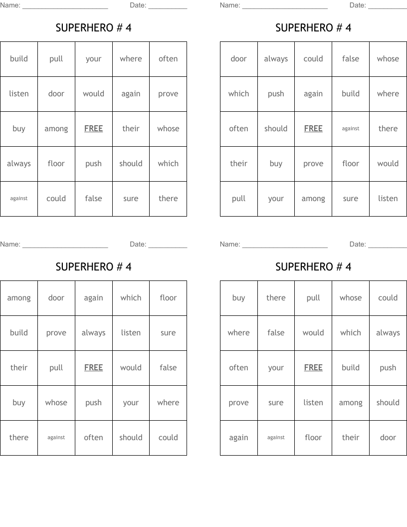 SUPERHERO # 4 Bingo Cards