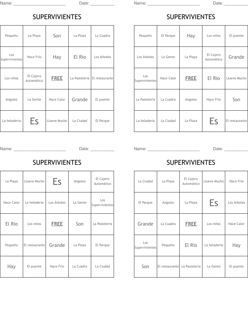 SUPERVIVIENTES Bingo Cards