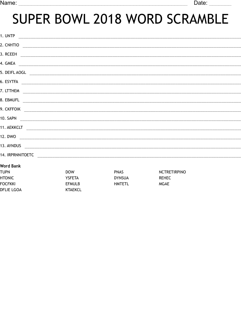 SUPER BOWL 2018 WORD SCRAMBLE
