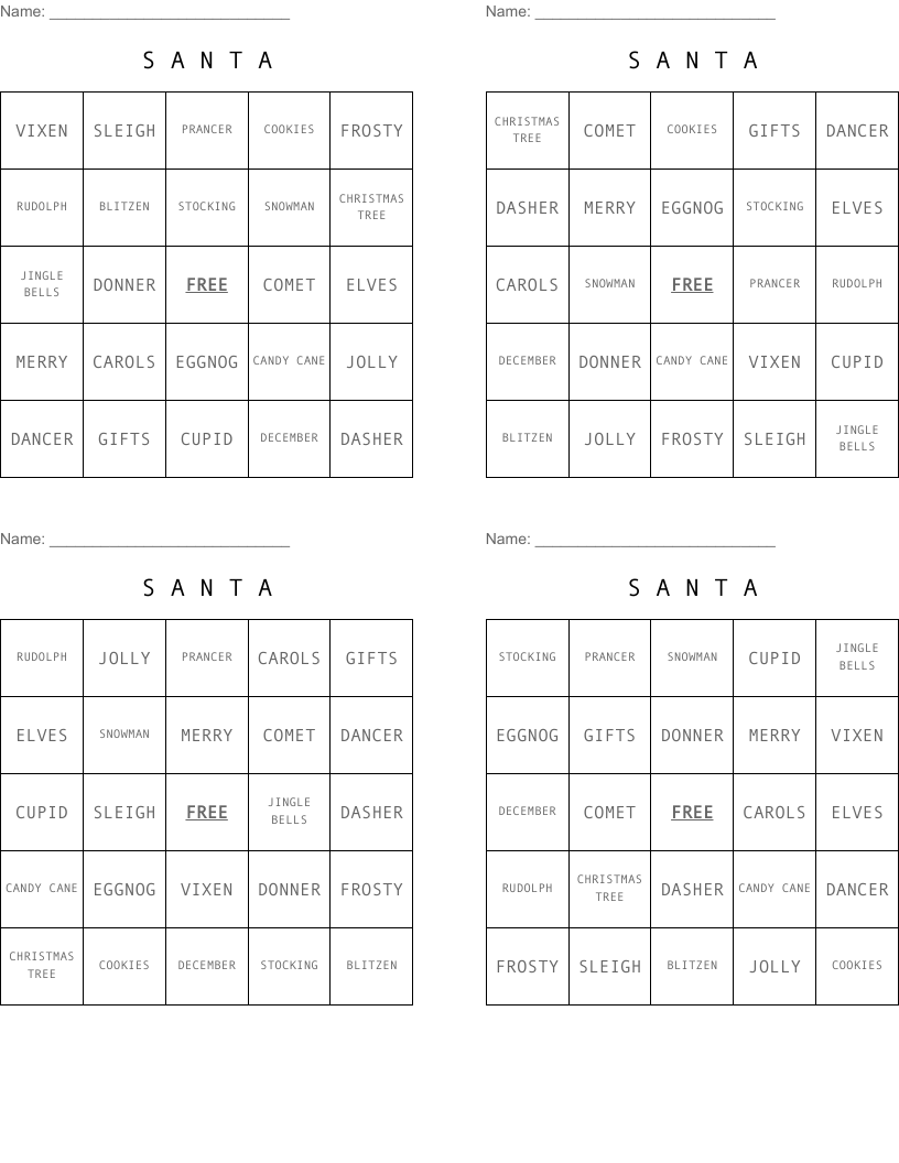 S A N T A Bingo Cards