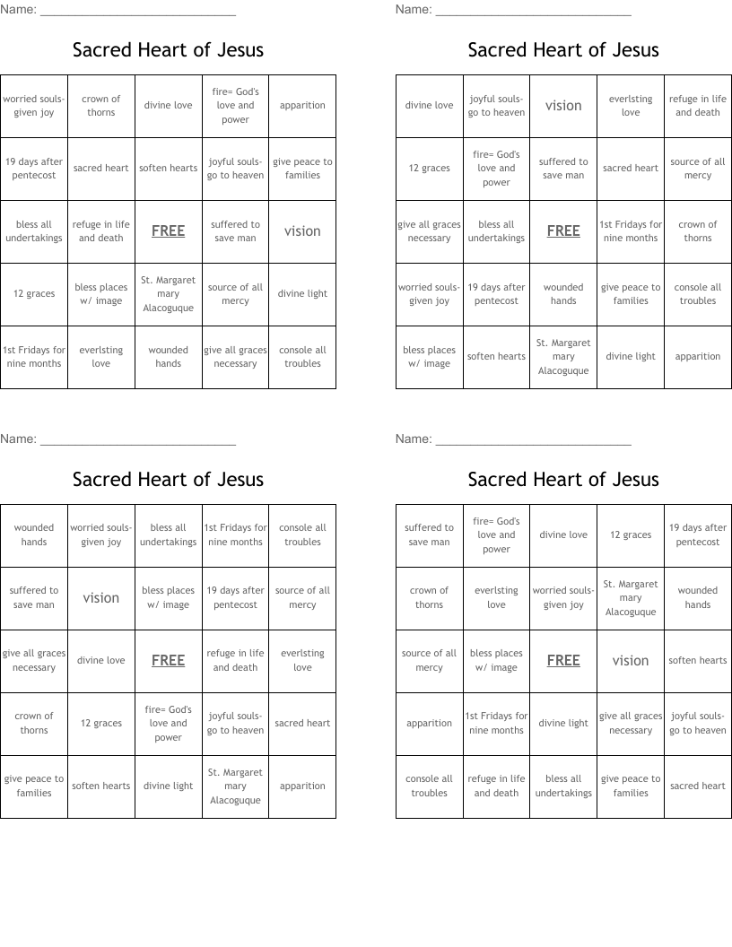 Sacred Heart of Jesus Bingo Cards