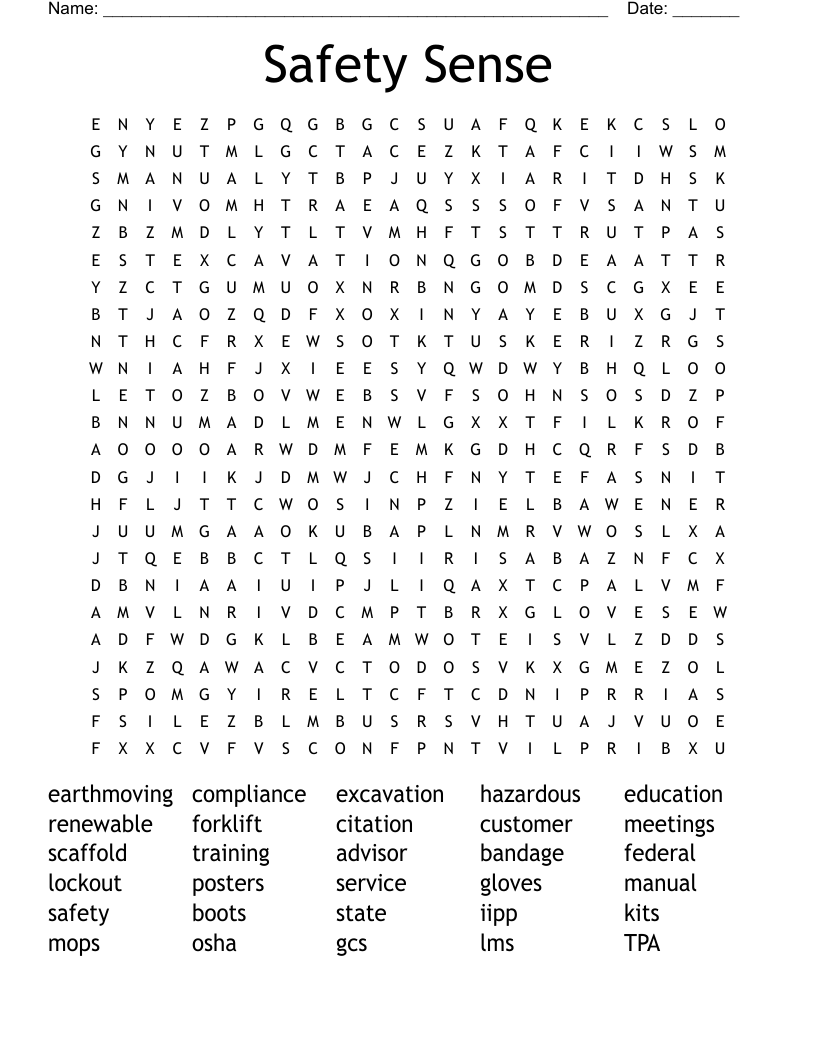 Safety Sense Word Search