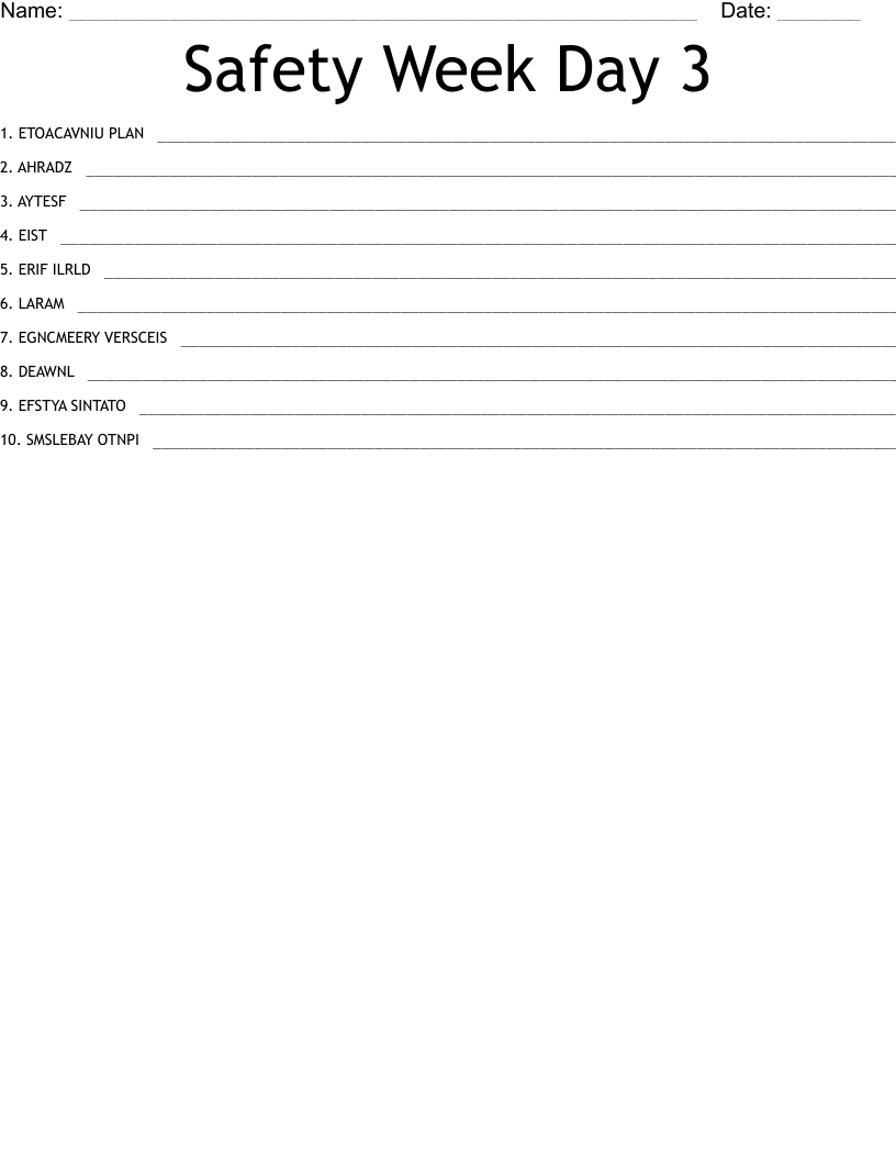 Safety Week Day 3 Word Scramble