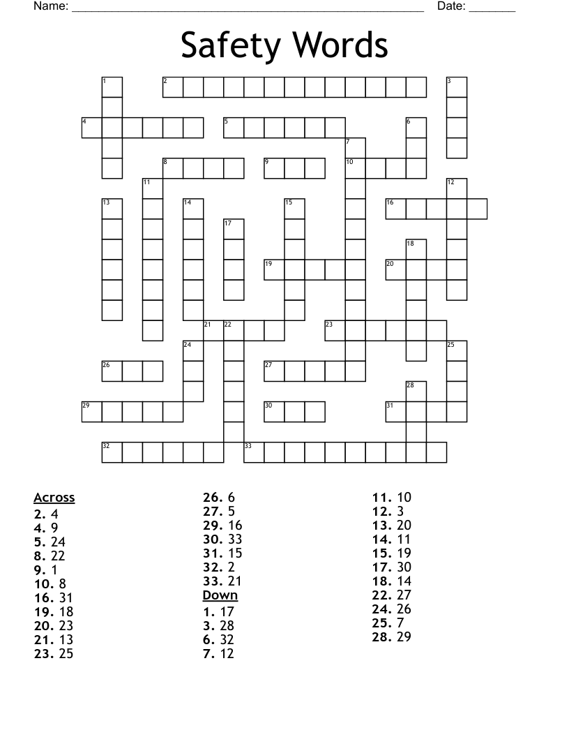 Safety Words Crossword WordMint