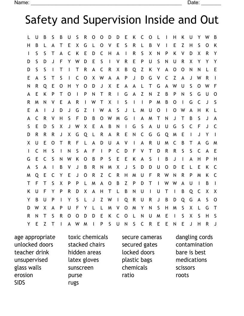 Safety and Supervision Inside and Out Word Search