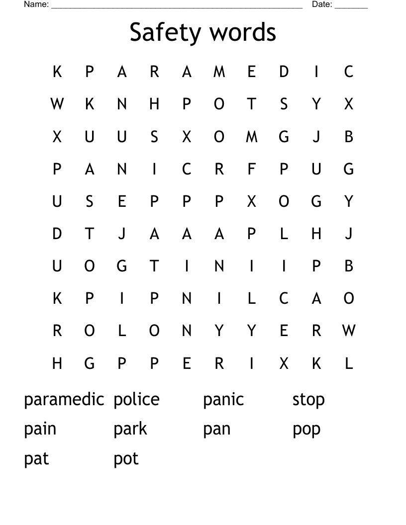 Safety words Word Search - WordMint