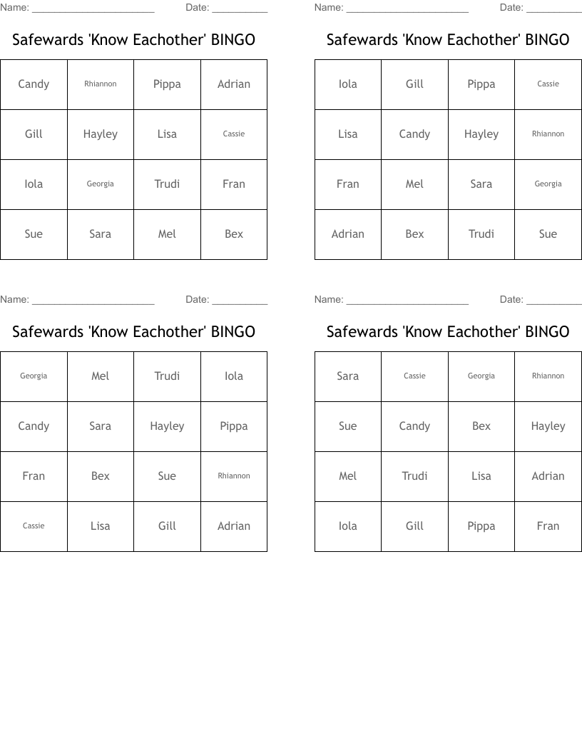 Safewards 'Know Eachother' BINGO