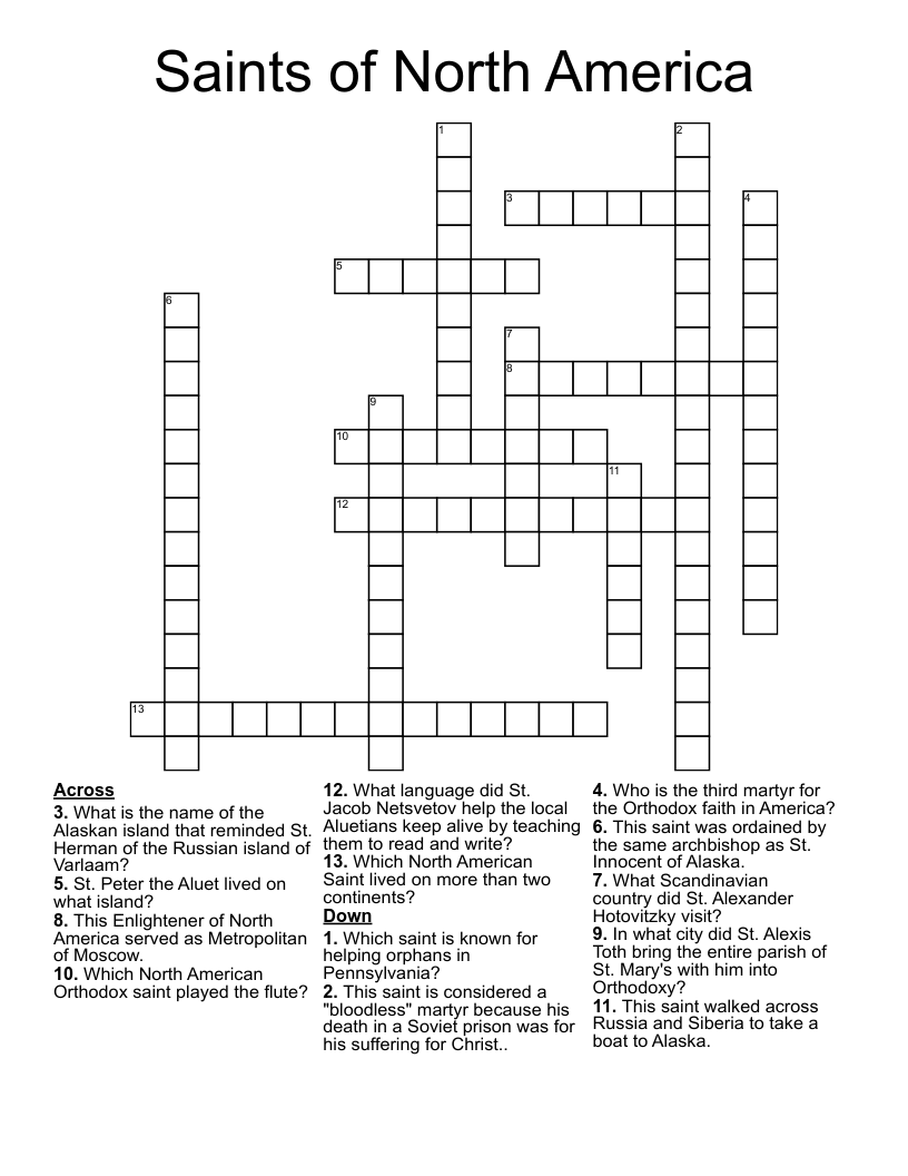 Saints of North America Crossword