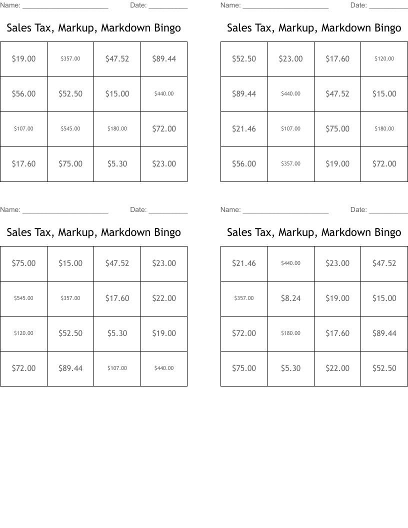 Sales Tax, Markup, Markdown Bingo