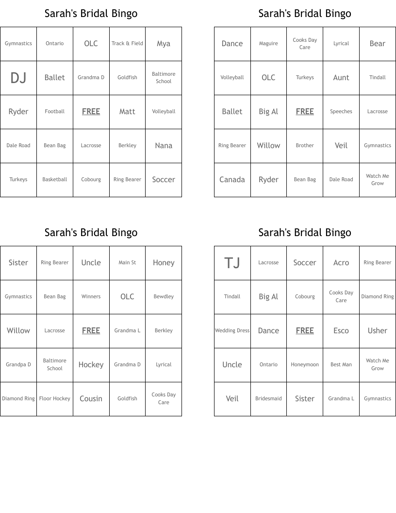 Sarah's Bridal Bingo