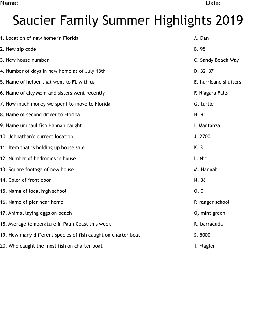 Saucier Family Summer Highlights 2019 Worksheet WordMint
