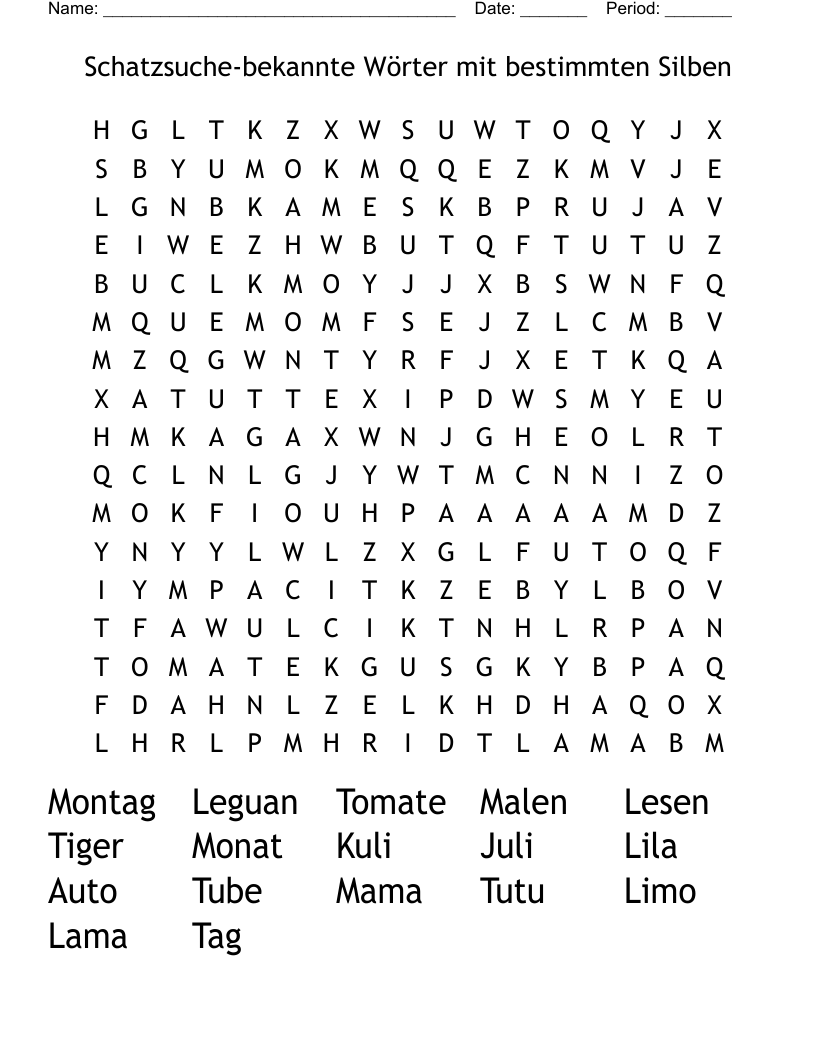 Schatzsuche-bekannte Wörter mit bestimmten Silben Word Search