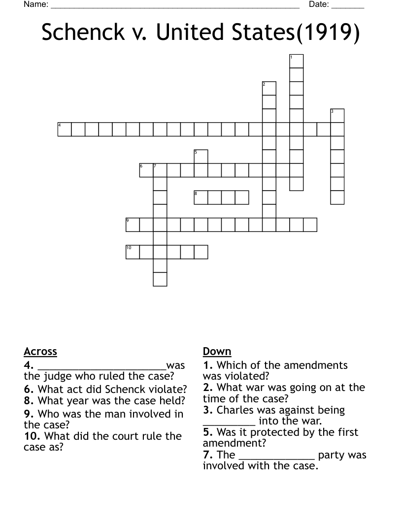 Schenck v. United States(1919) Crossword