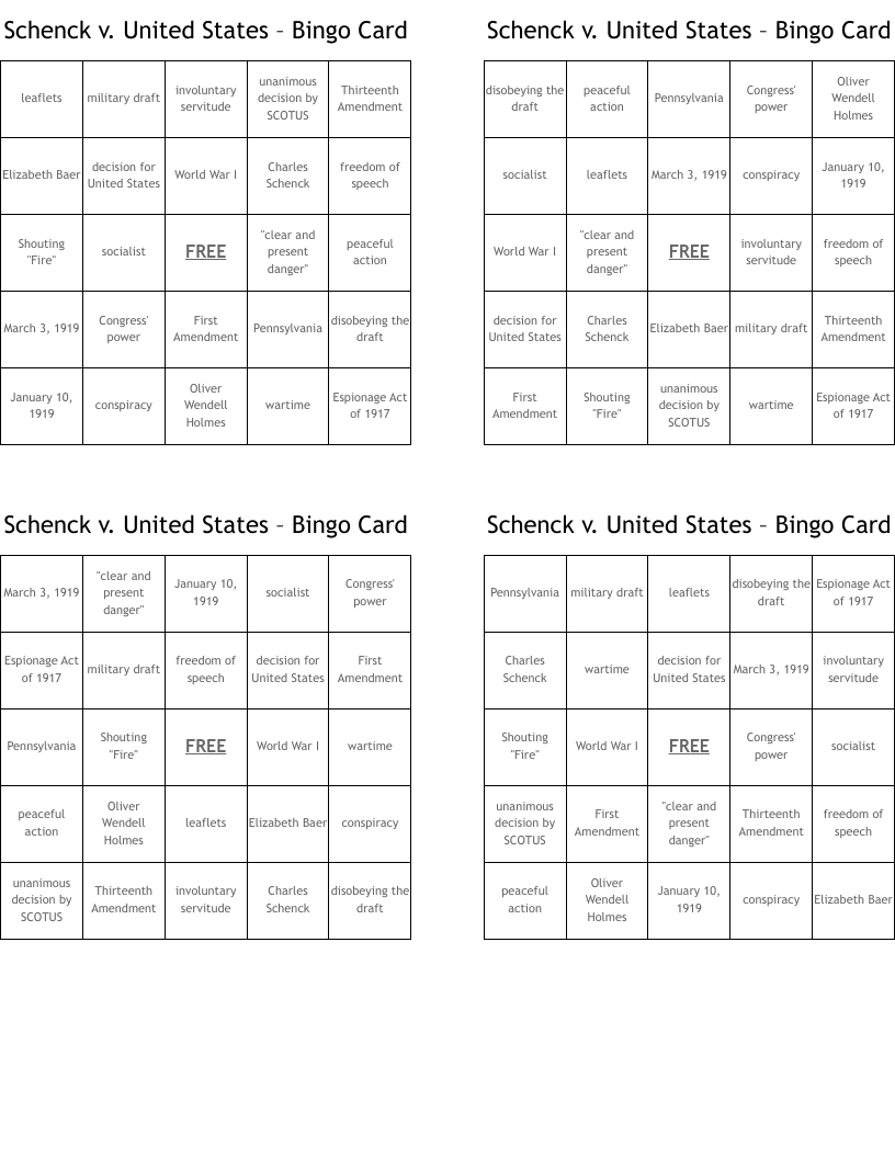 Schenck v. United States – Bingo Card