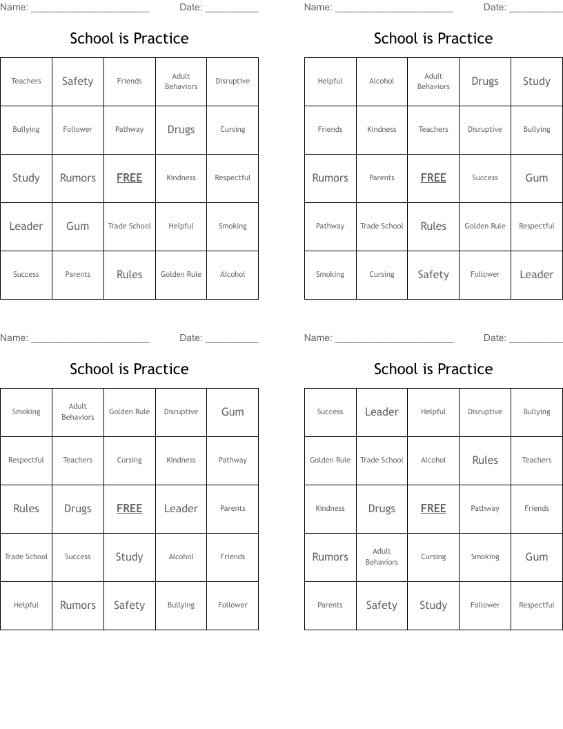 School is Practice Bingo Cards