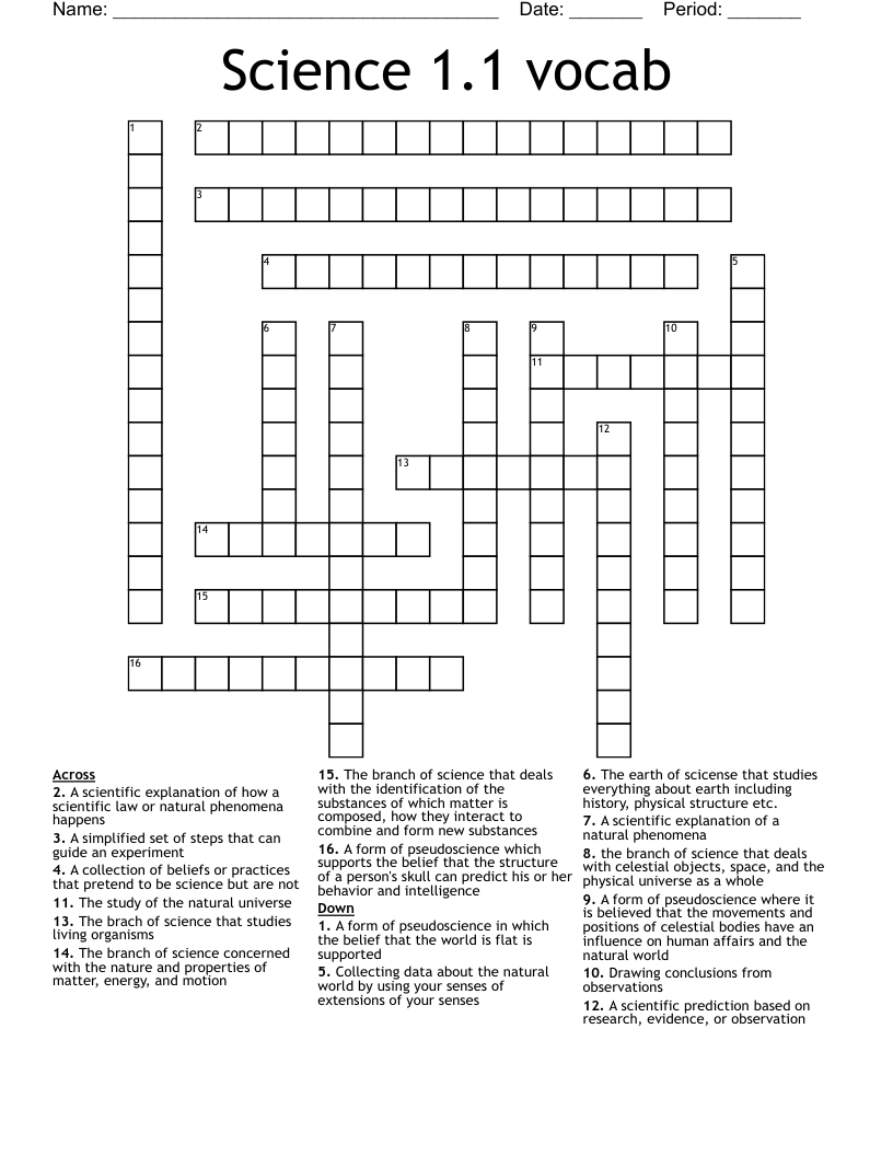 Science 1.1 vocab  Crossword