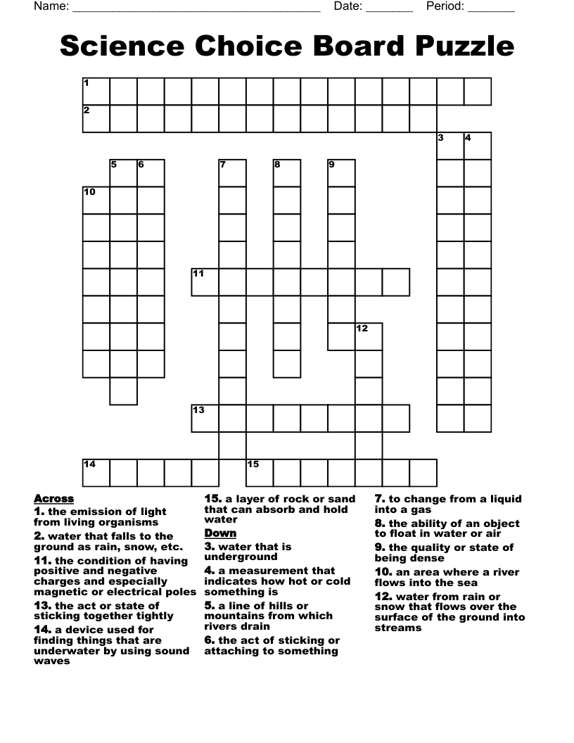 Science Choice Board Puzzle Crossword