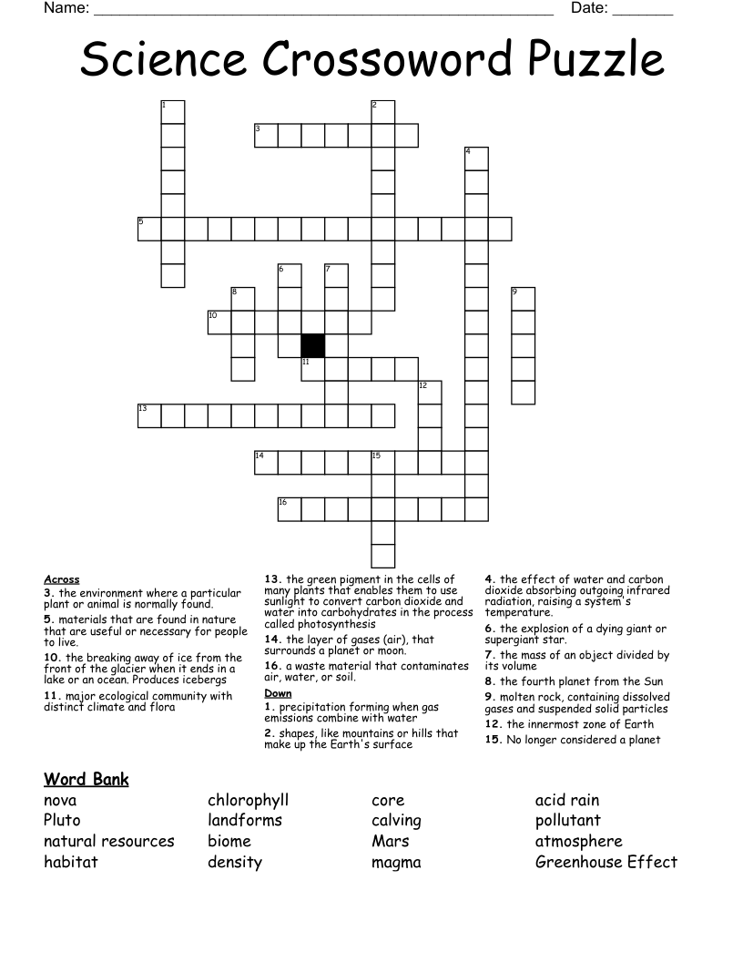 Science Crossoword Puzzle Crossword