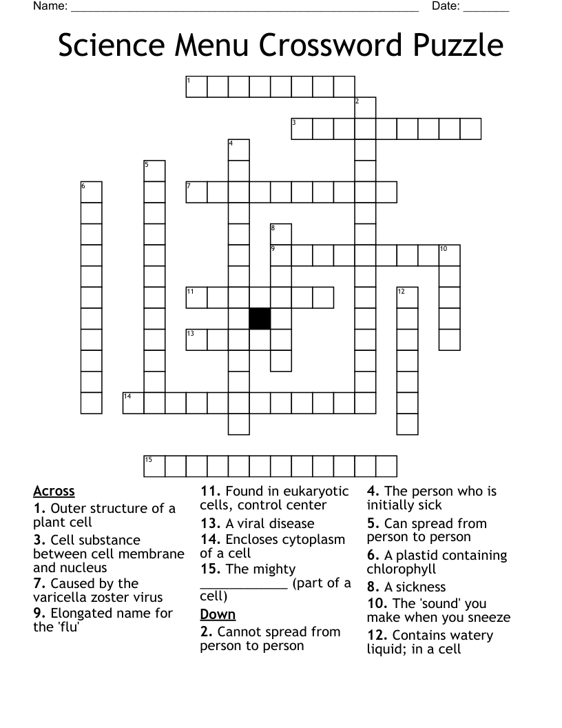 Science Menu Crossword Puzzle