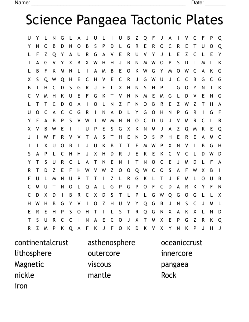 Science Pangaea Tactonic Plates Word Search