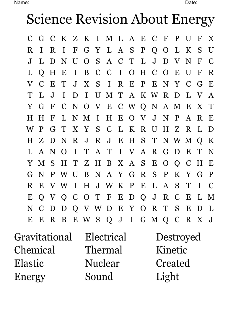 Science Revision About Energy  Word Search