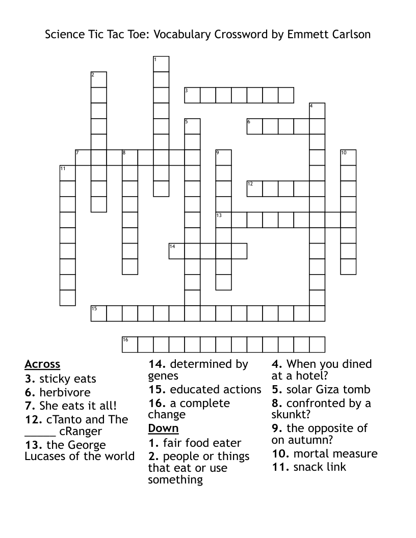 Science Tic Tac Toe:  Vocabulary Crossword by Emmett Carlson