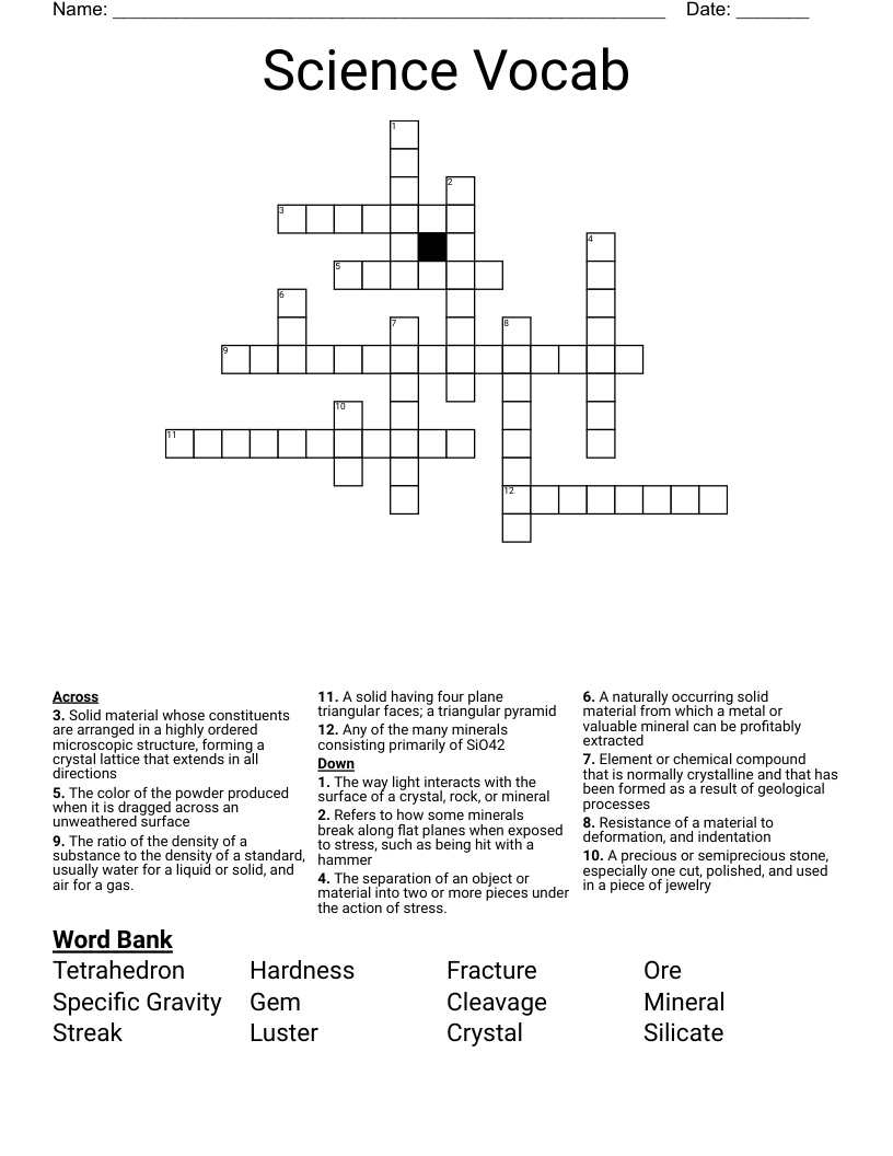 Science Vocab Crossword