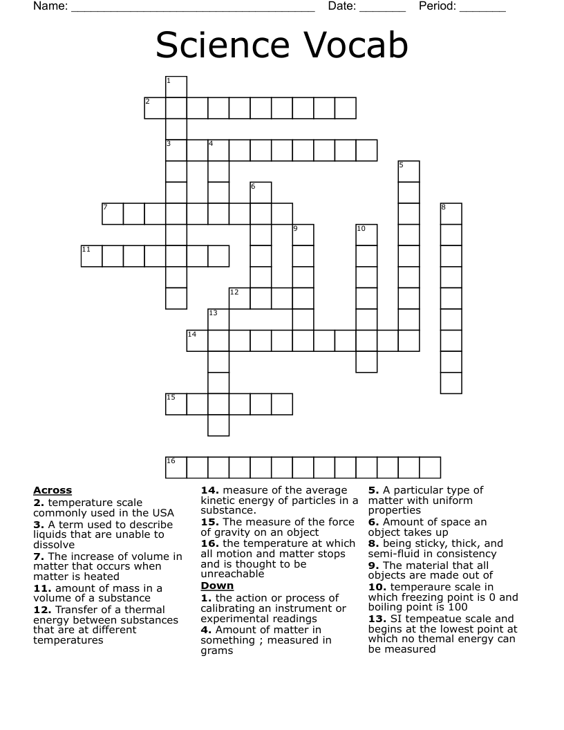 Science Vocab Crossword