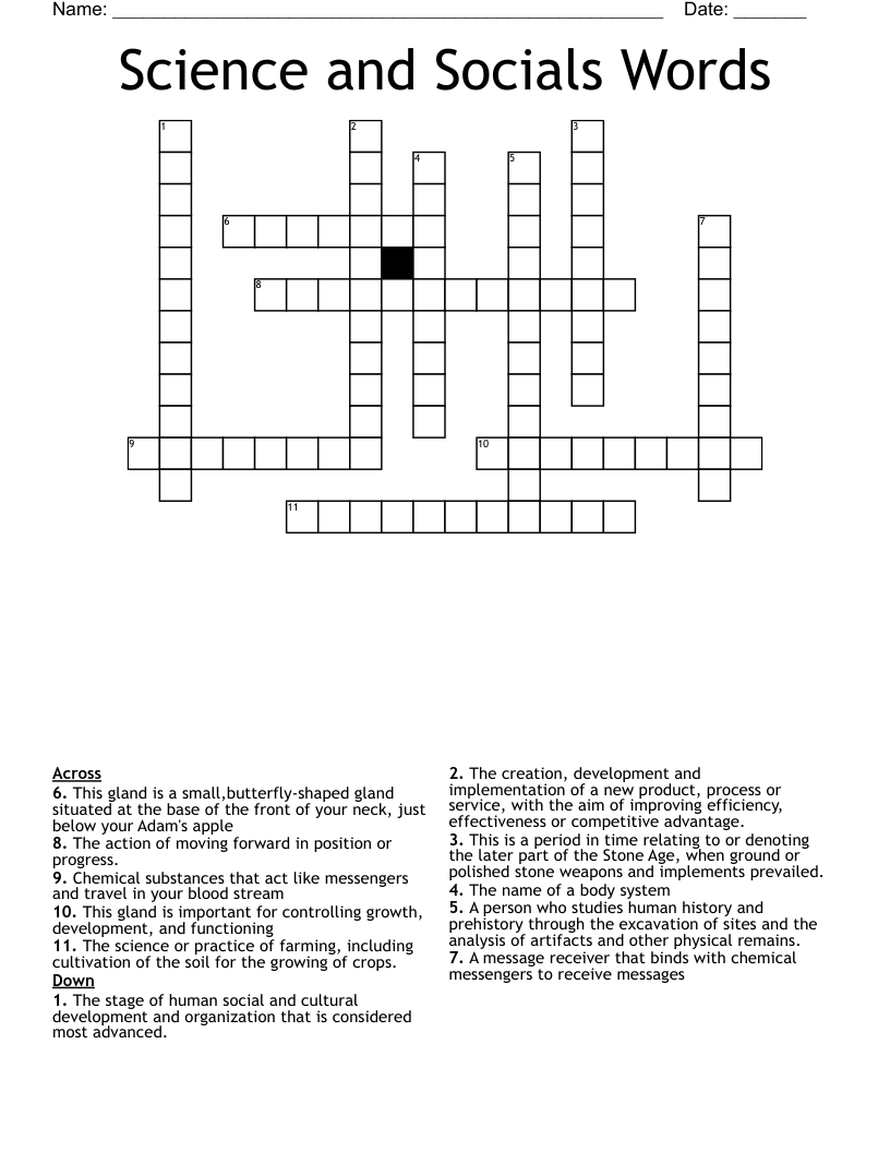 Science and Socials Words Crossword