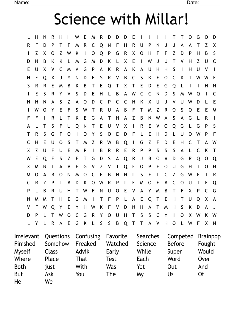 Science with Millar! Word Search