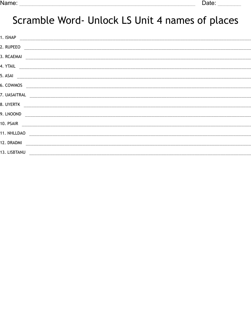 Scramble Word- Unlock LS Unit 4 names of places