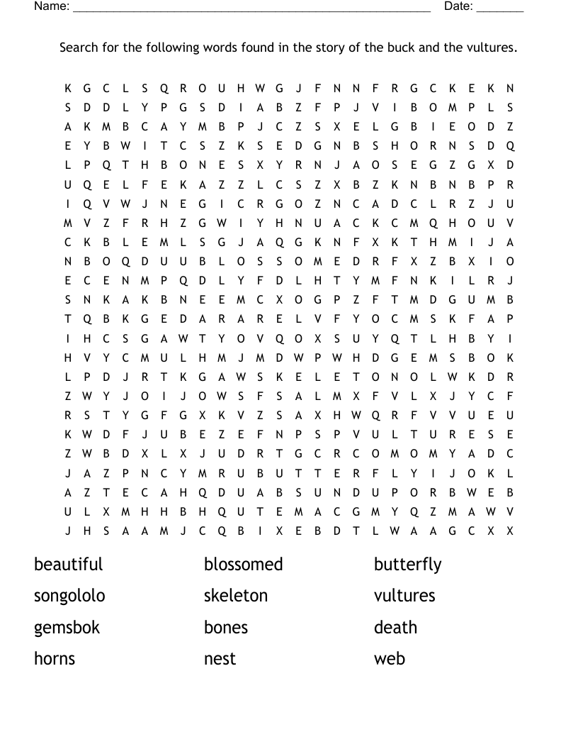Search for the following words found in the story of the buck and the vultures. Word Search