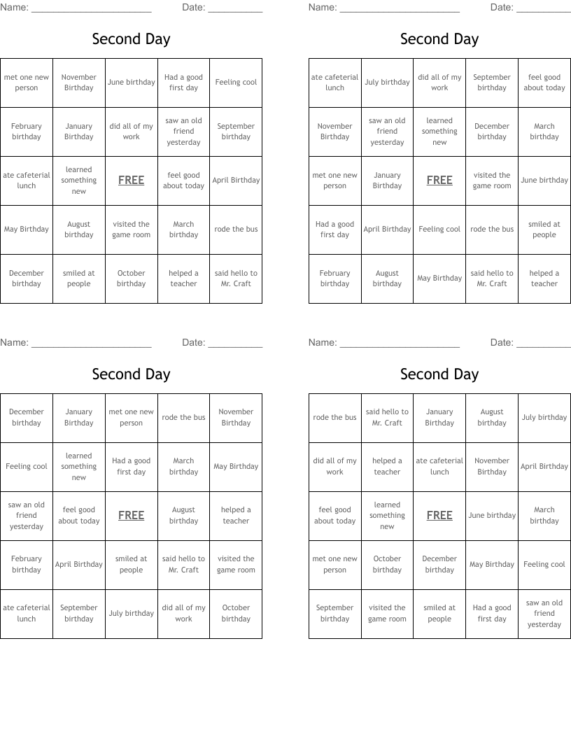 Second Day Bingo Cards WordMint