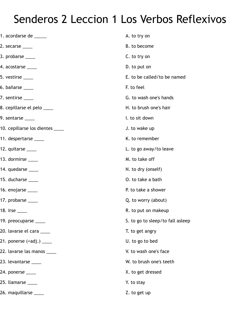 Senderos 2 Leccion 1 Los Verbos Reflexivos Worksheet - WordMint