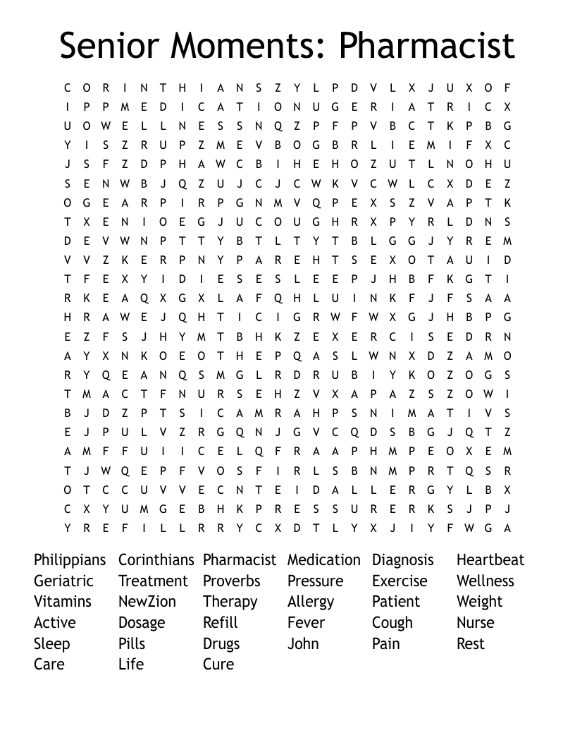 Senior Moments: Pharmacist Word Search
