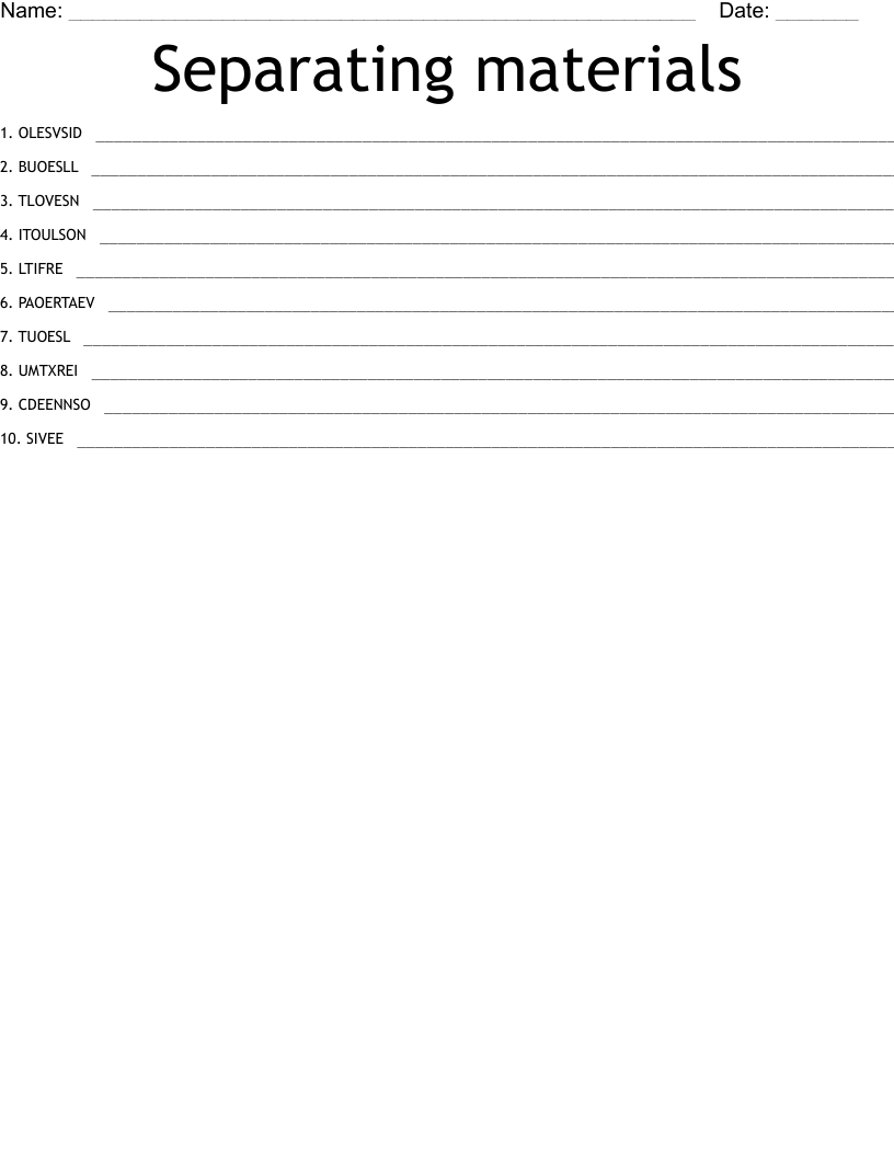 Separating materials Word Scramble