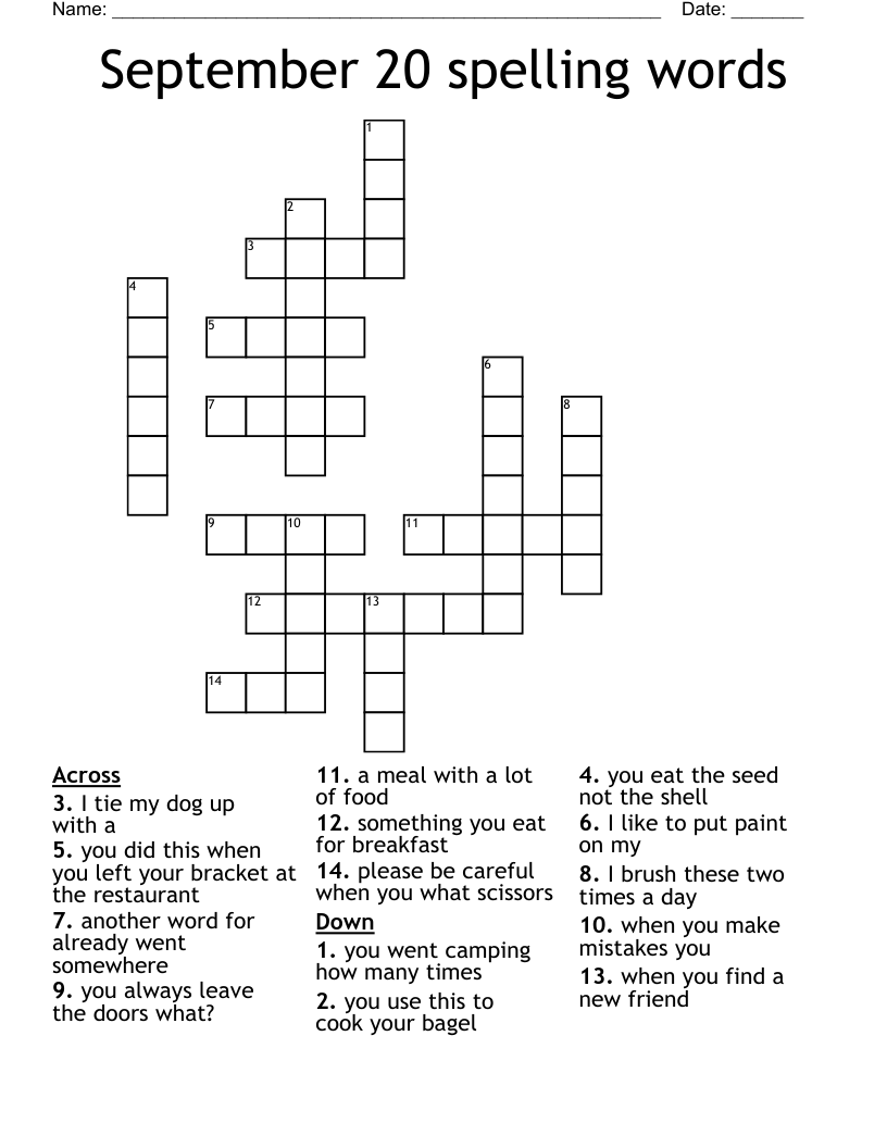 September 20 spelling words  Crossword