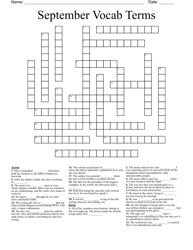 September Vocab Terms Crossword