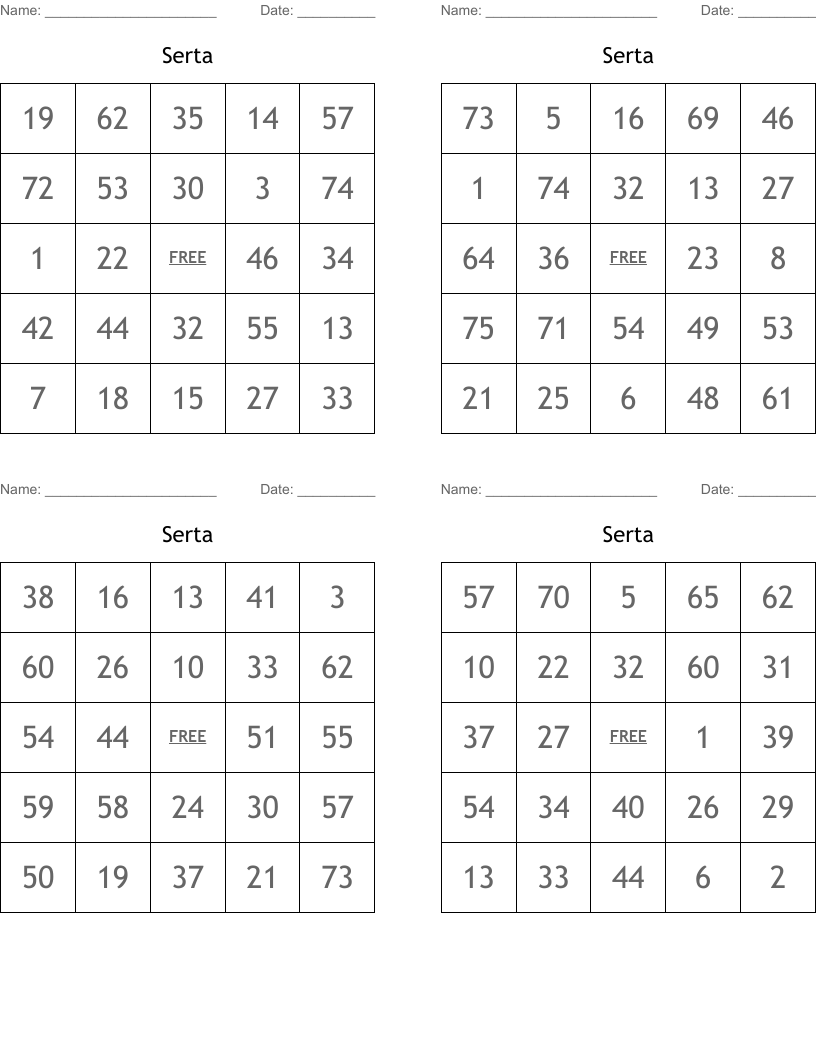 Serta Bingo Cards