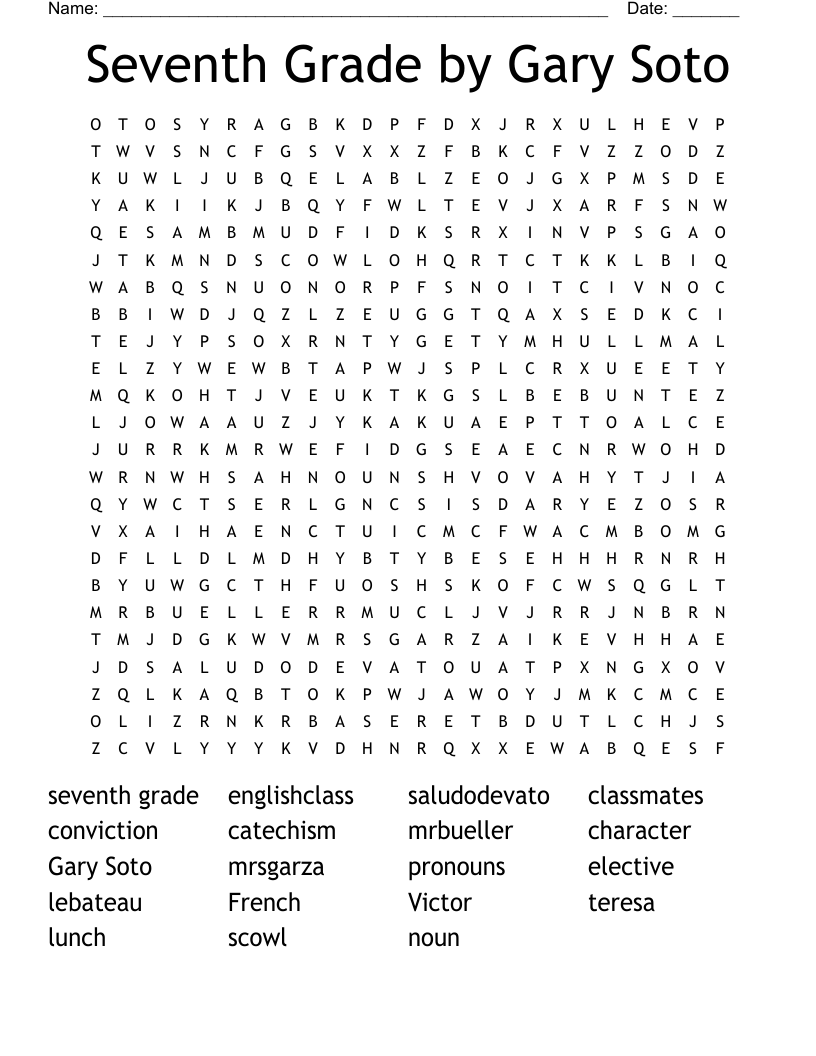 Seventh Grade By Gary Soto Bingo Cards WordMint