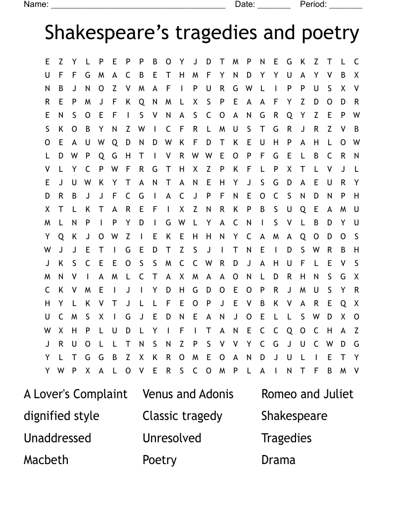Shakespeare’s tragedies and poetry  Word Search