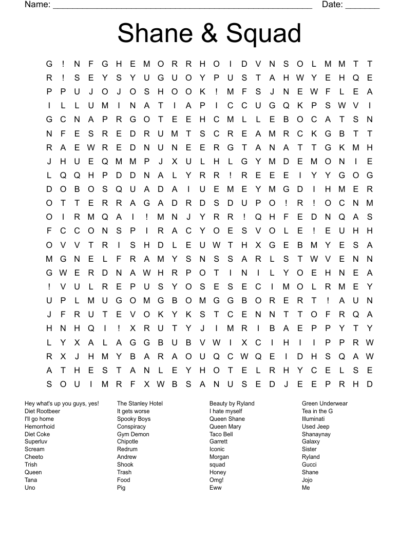 Shane & Squad Word Search