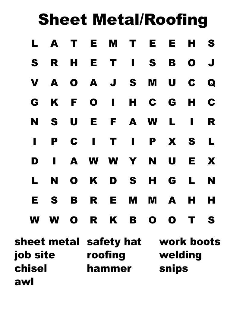 Sheet Metal/Roofing Word Search