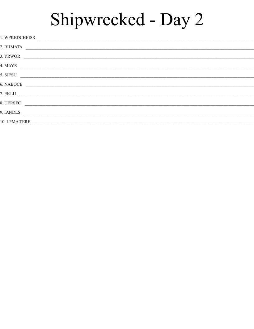 Shipwrecked - Day 2 Word Scramble
