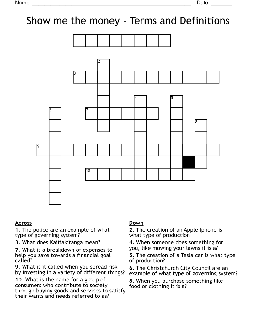 Show me the money - Terms and Definitions Crossword