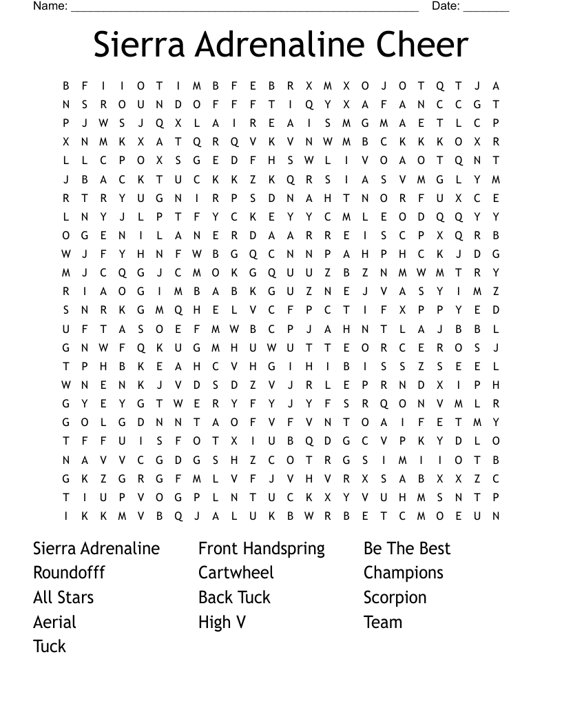 Sierra Adrenaline Cheer Word Search