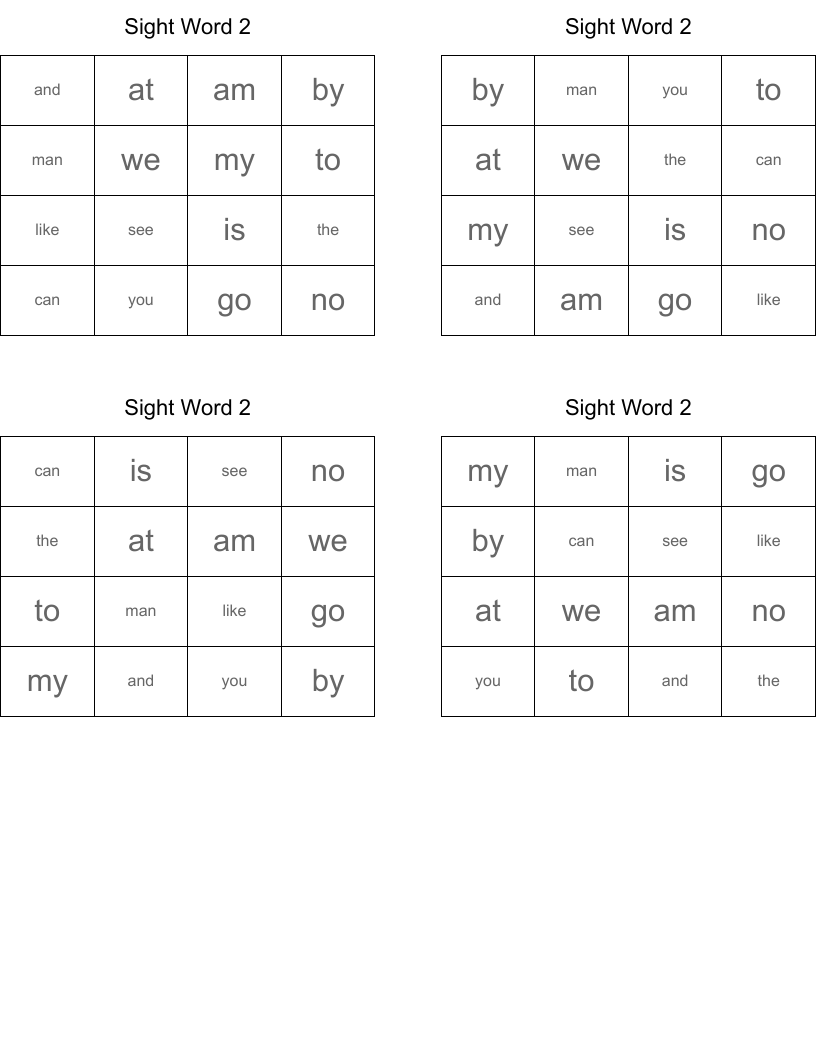 Sight Word 2 Bingo Cards